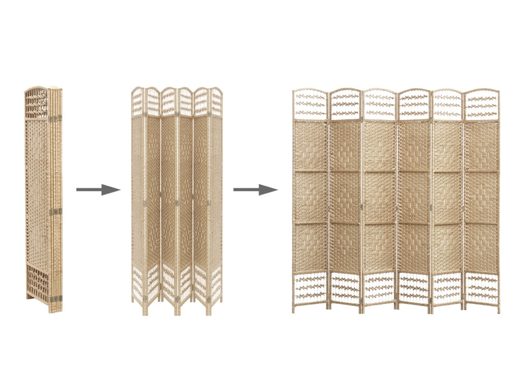 COONOOR 1.7M Rattan Room Divider Screen 6 Panels - NATURAL
