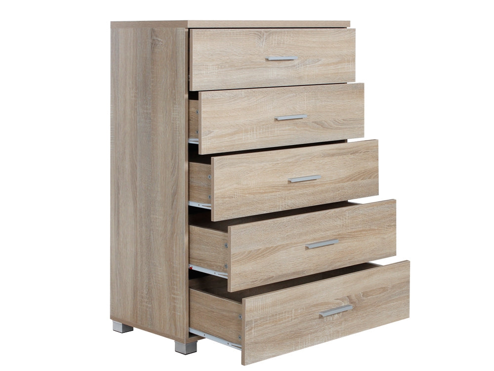 BRAM Tallboy 5 Drawer Chest Dresser - Oak