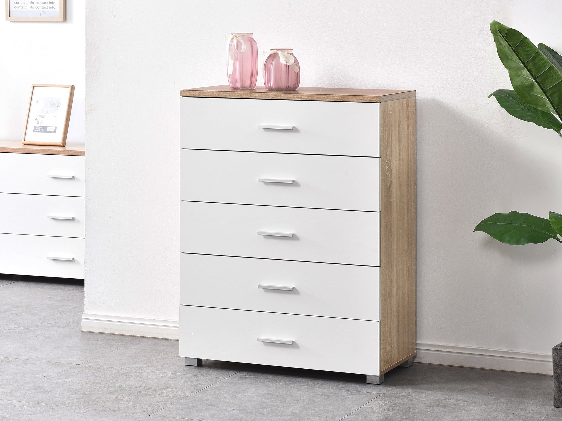 Bram Tallboy 5 Drawer Chest Dresser - Oak + White