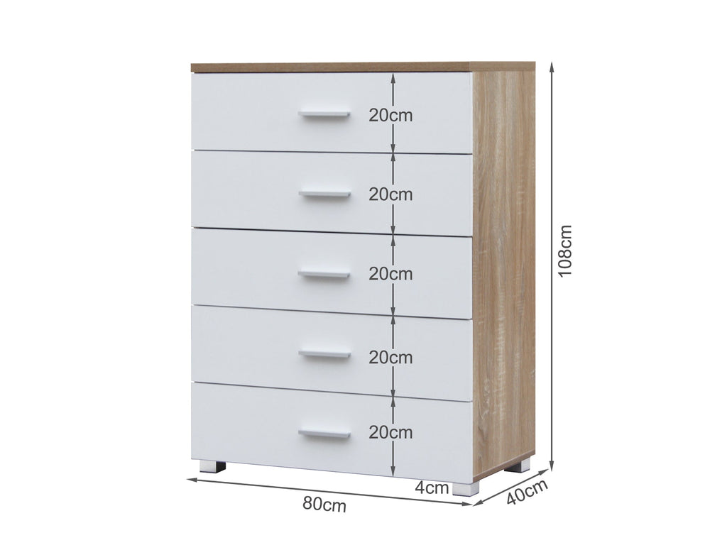 Bram Tallboy 5 Drawer Chest Dresser - Oak + White
