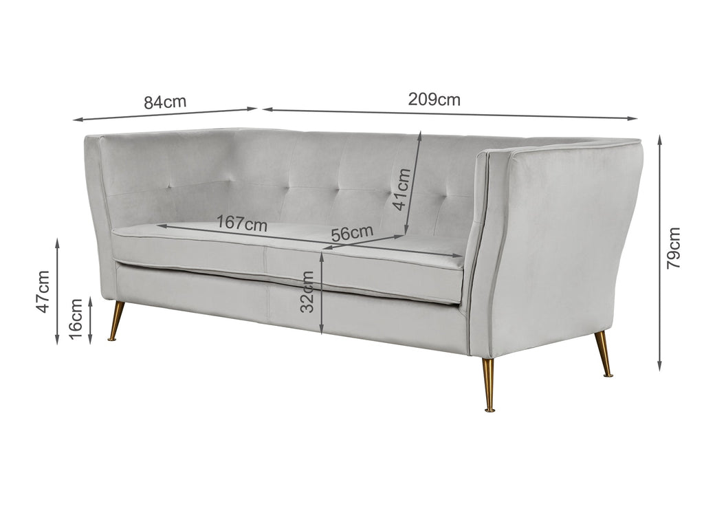 OSLO 3 Seater Velvet Sofa - LIGHT GREY