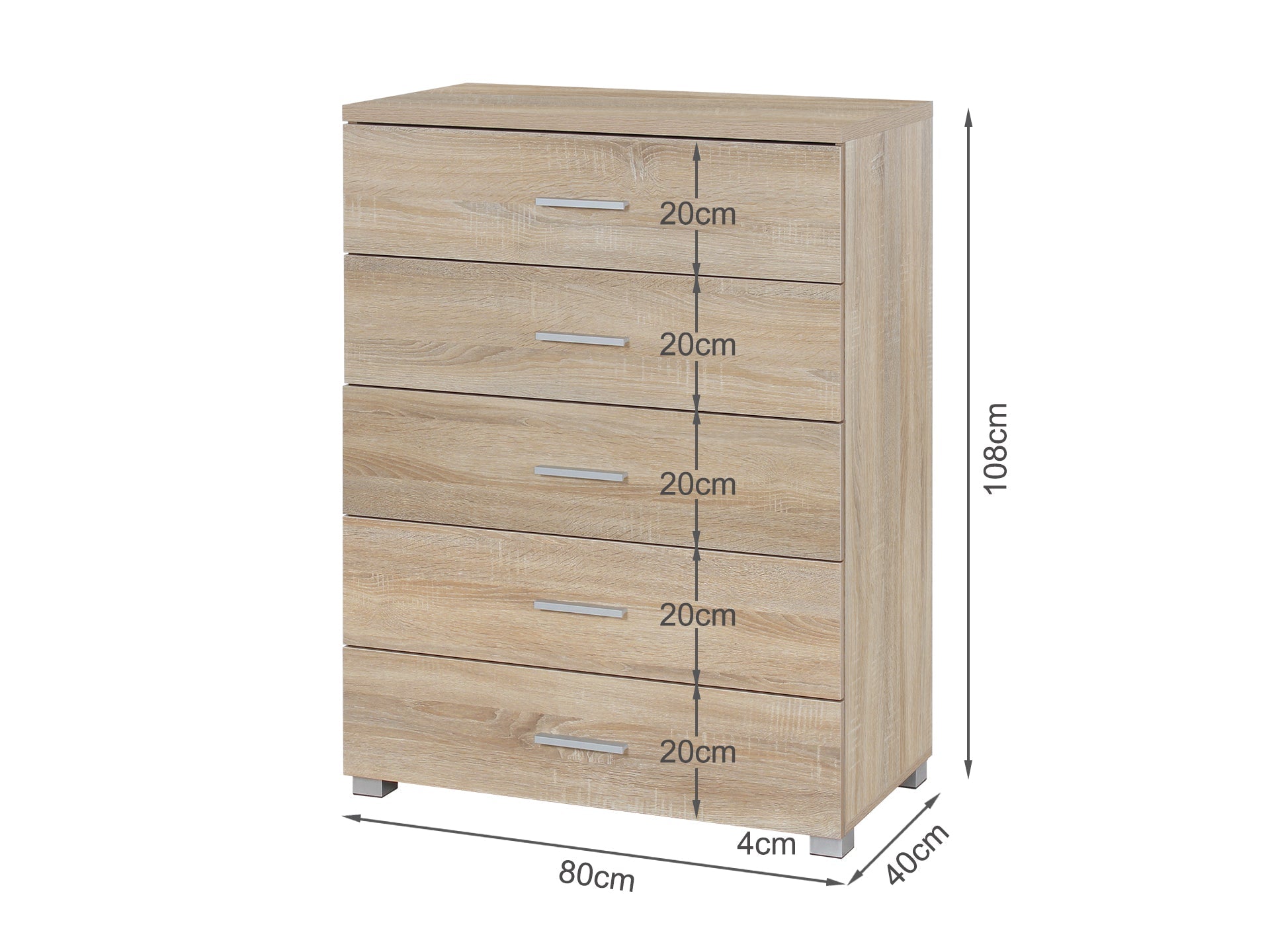 BRAM Tallboy 5 Drawer Chest Dresser - Oak