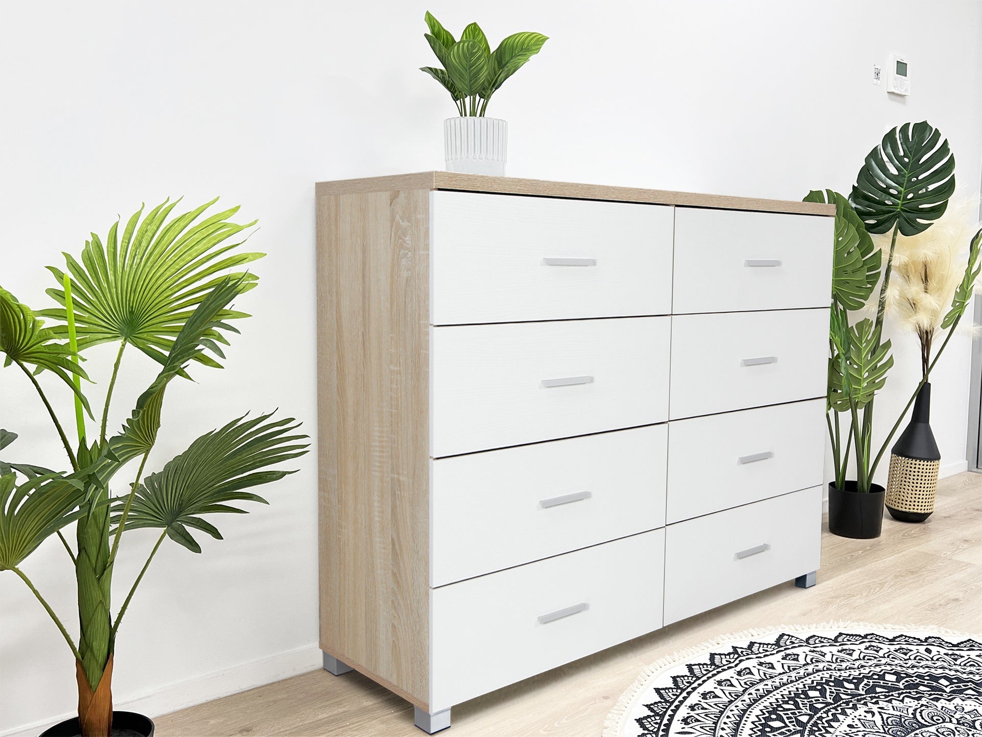 Bram Low Boy 8 Drawer Chest Dresser - Oak + White