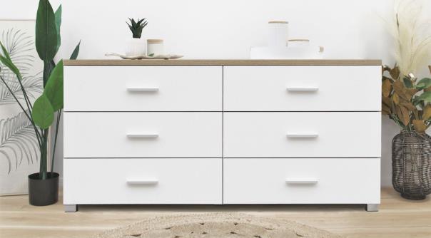 Bram Low Boy 6 Drawer Chest Dresser - Oak + White