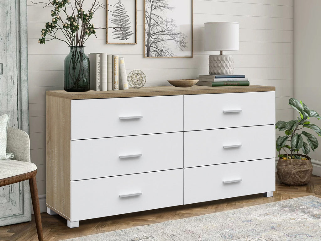 Bram Low Boy 6 Drawer Chest Dresser - Oak + White