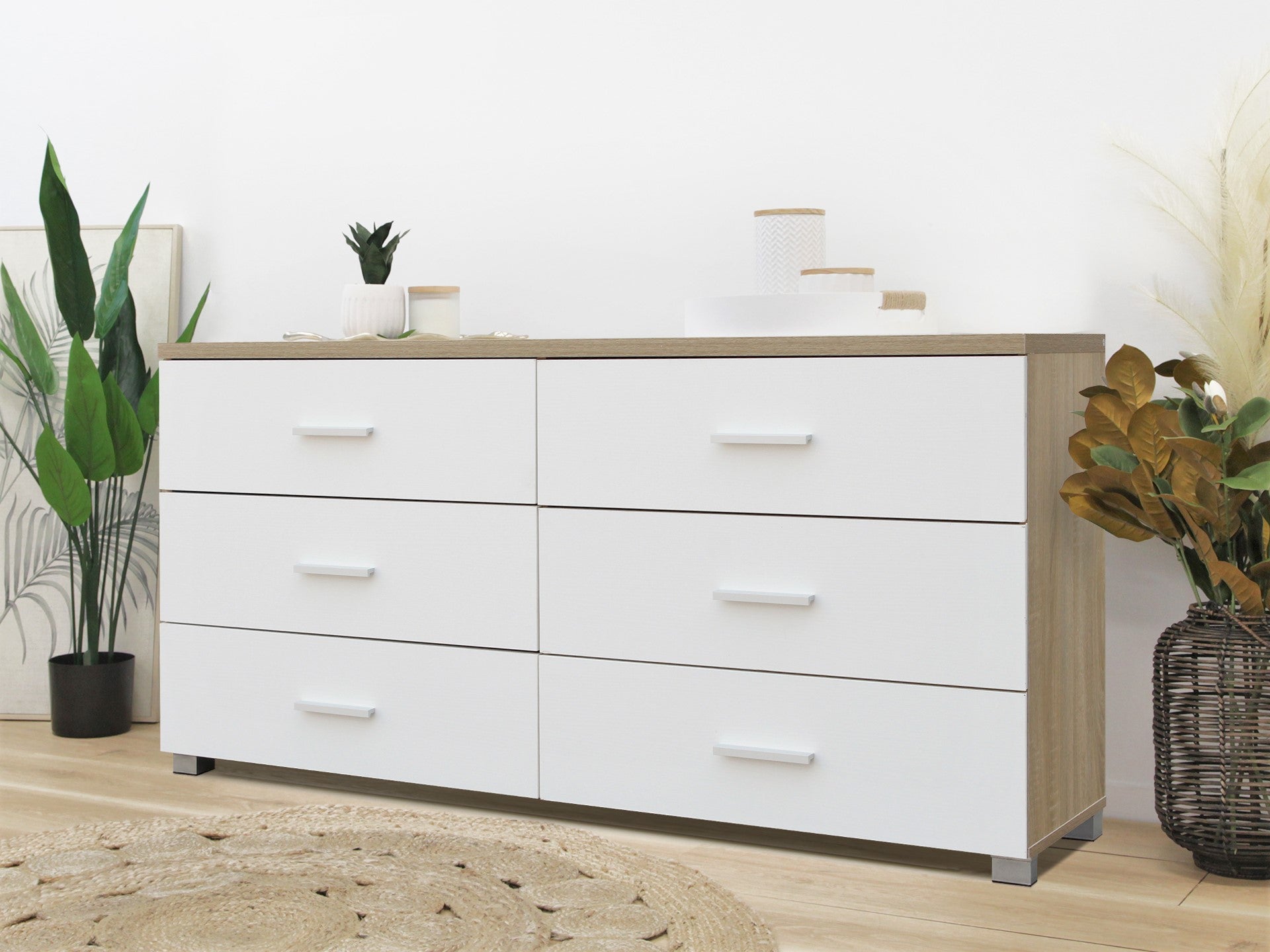 Bram Low Boy 6 Drawer Chest Dresser - Oak + White
