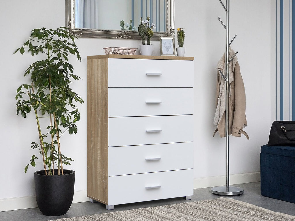 Bram Tallboy 5 Drawer Chest Dresser - Oak + White
