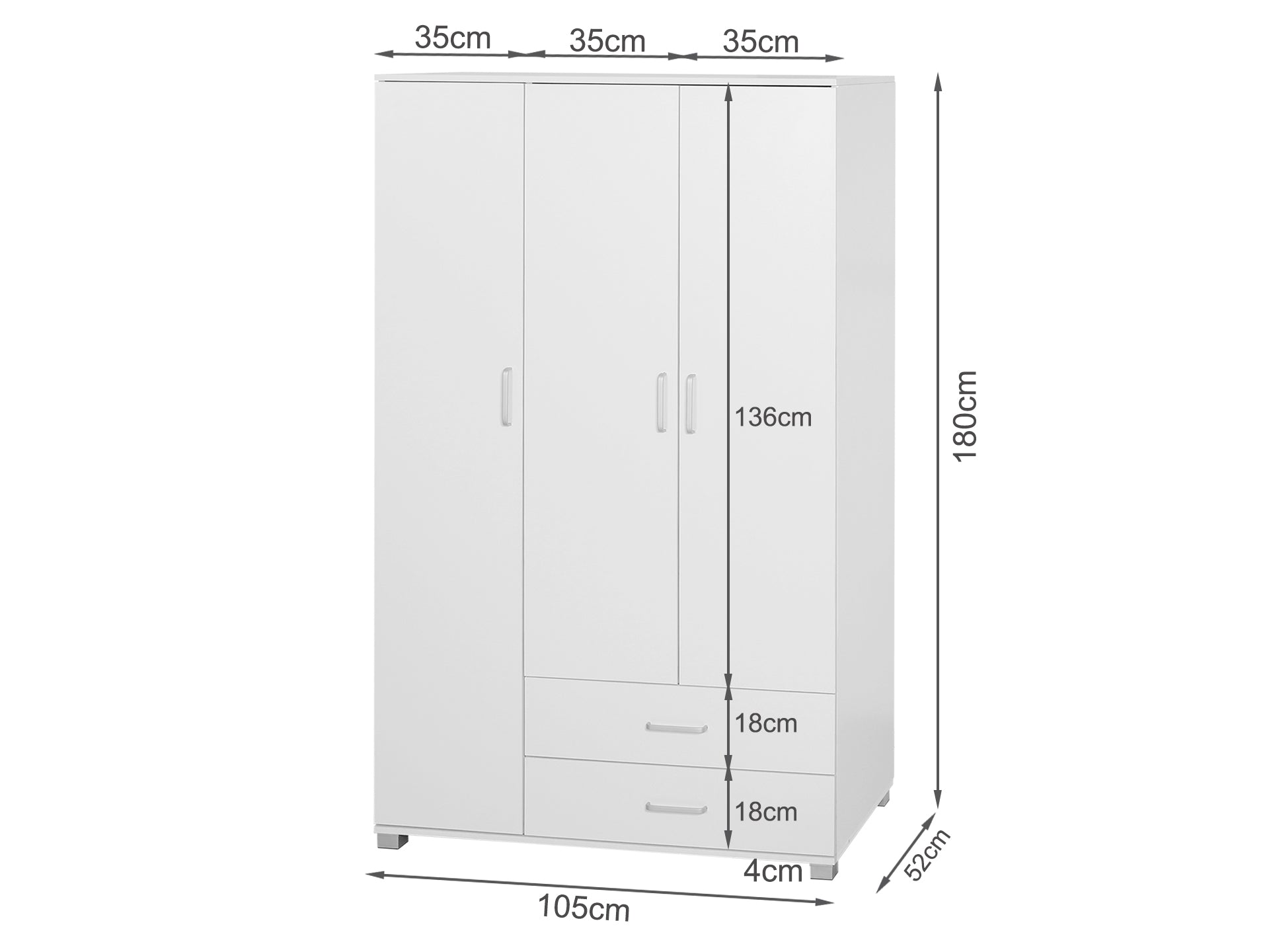 Bram 3 Door Wardrobe with 2 Drawers - White
