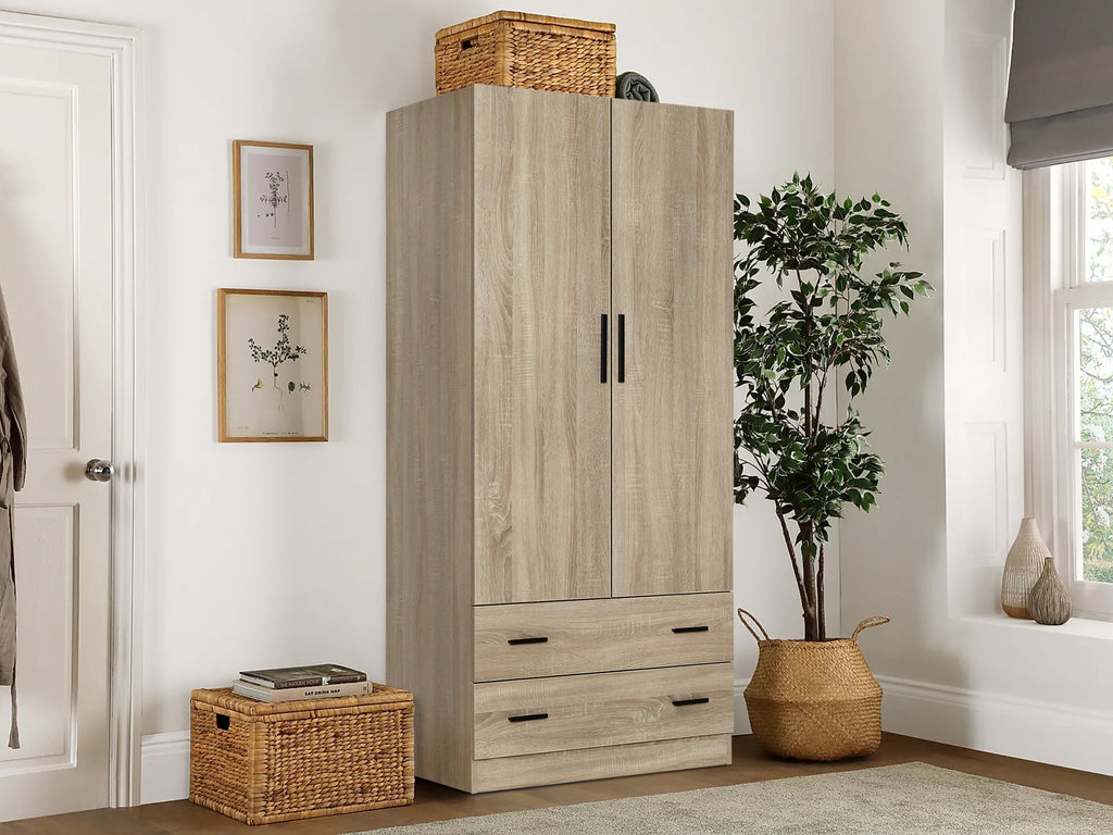 Bram 2 Door Wardrobe with 2 Drawers - Oak
