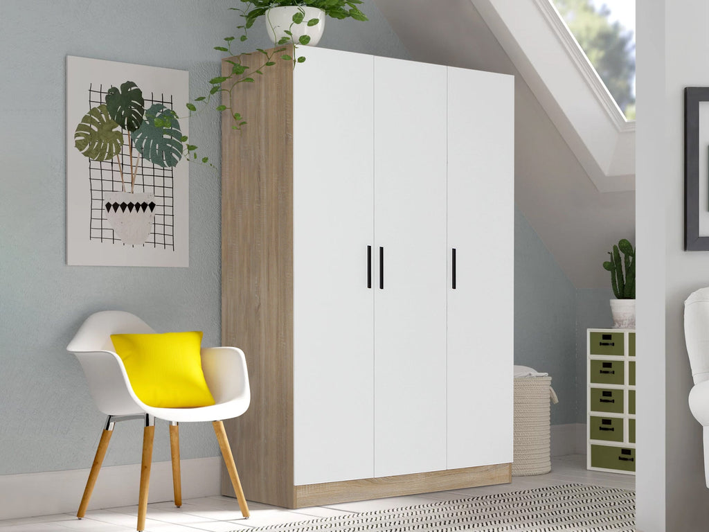 Bram 3 Door Wardrobe Cabinet - Oak + White