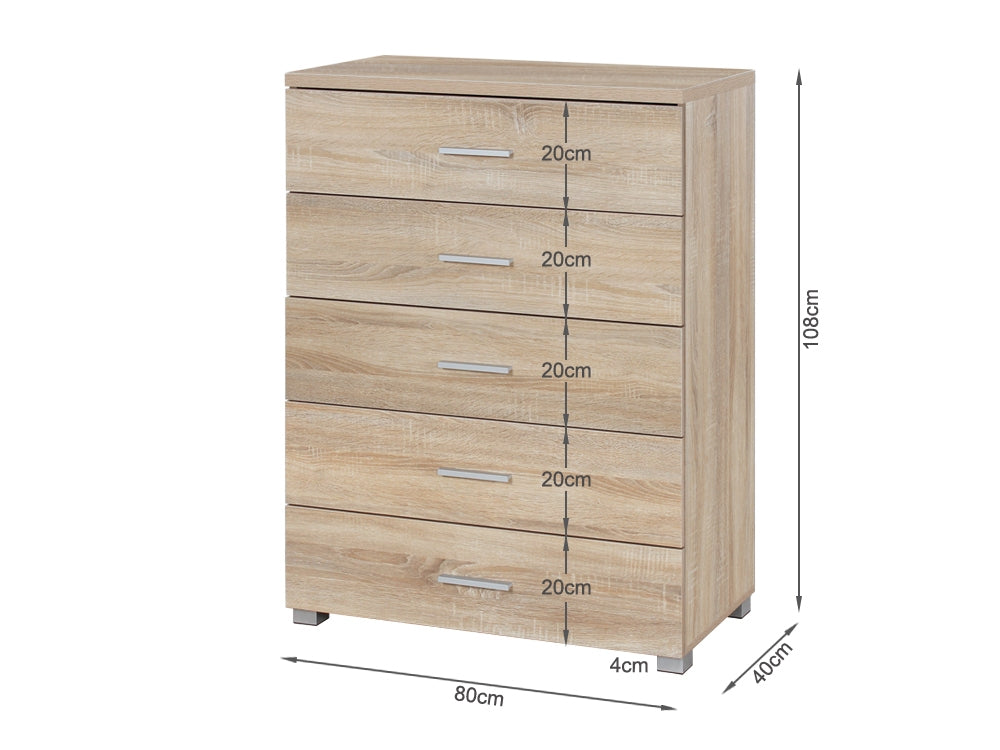 BRAM Tallboy 5 Drawer Chest Dresser - Oak