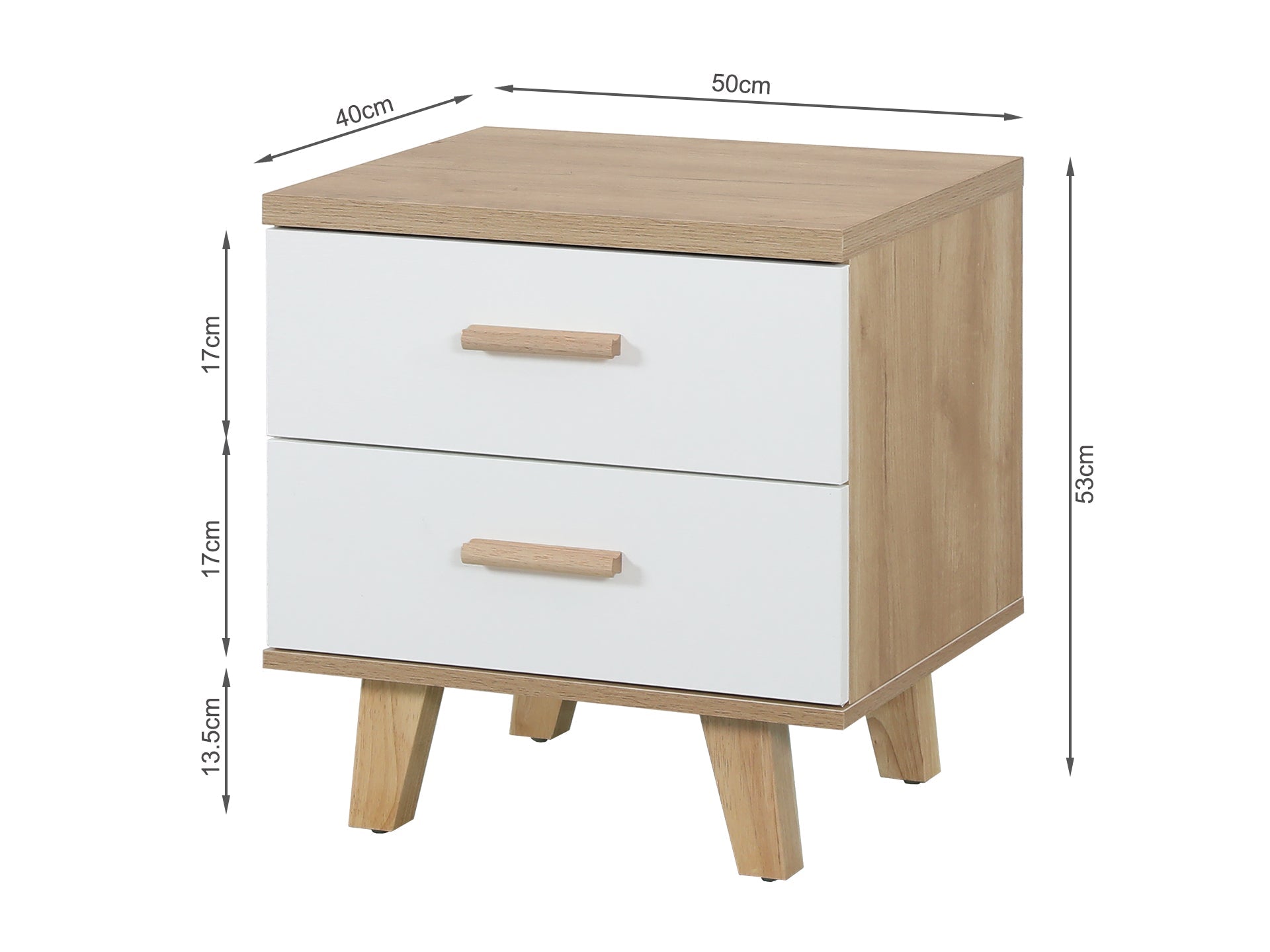 Bedside Table with 2 Drawers - Oak + White