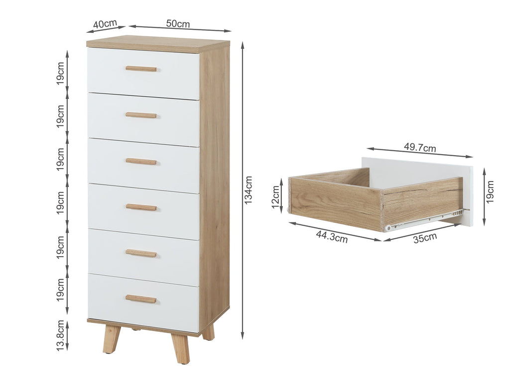 Slim Tallboy with 6 Drawers - Oak + White
