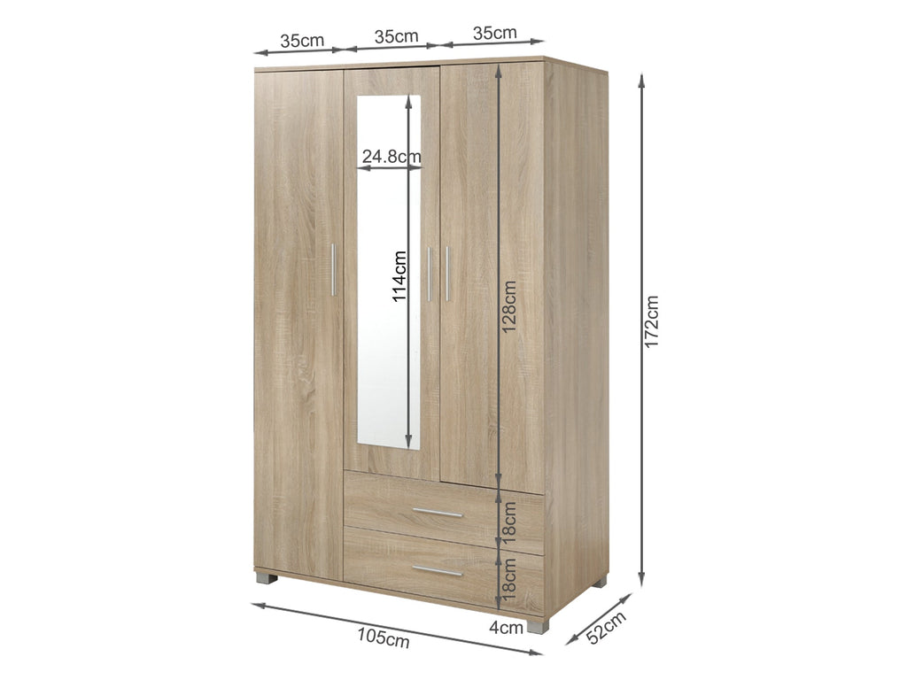 Bram 3 Door Wardrobe Cabinet with Mirror - Oak