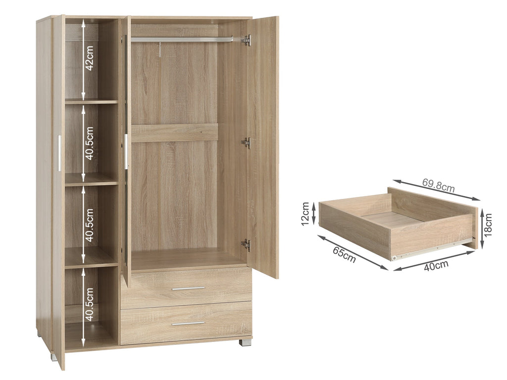 Bram 3 Door Wardrobe Cabinet with Mirror - Oak