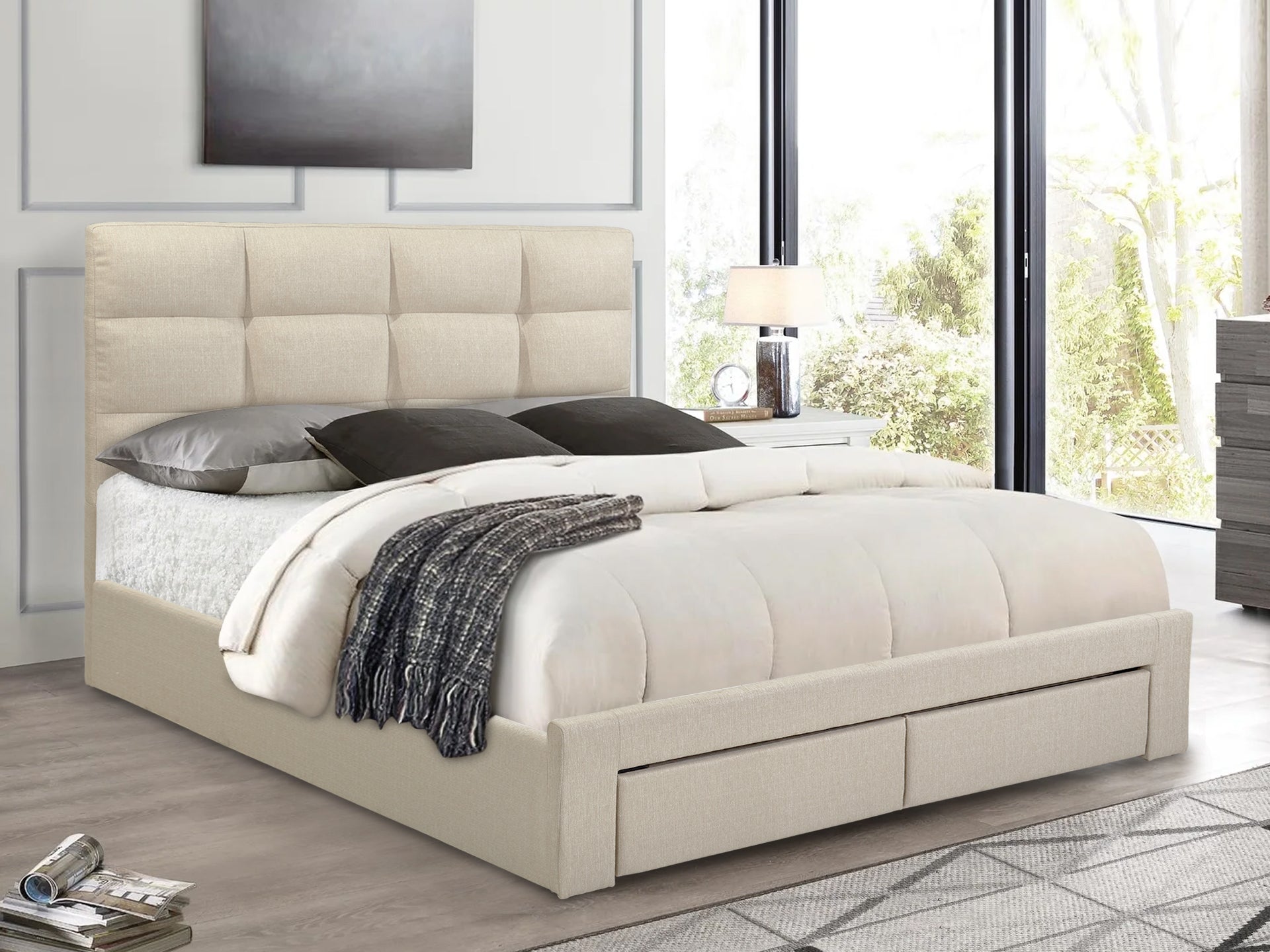 MUSALA King Bed Frame with Storage - BEIGE