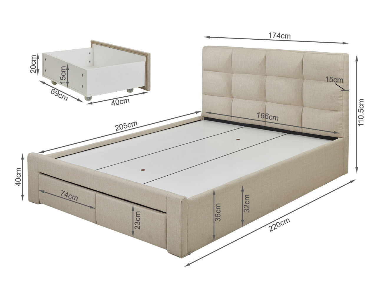 MUSALA King Bed Frame with Storage - BEIGE