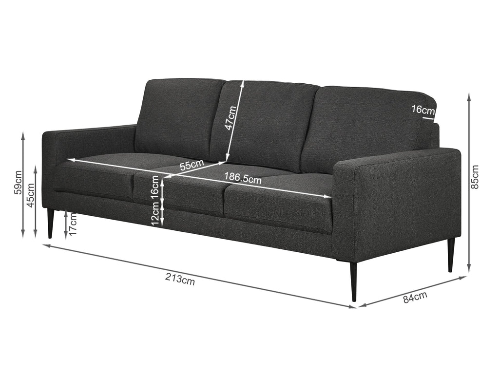 Toronto 3 Seater Fabric Sofa - Dark Grey