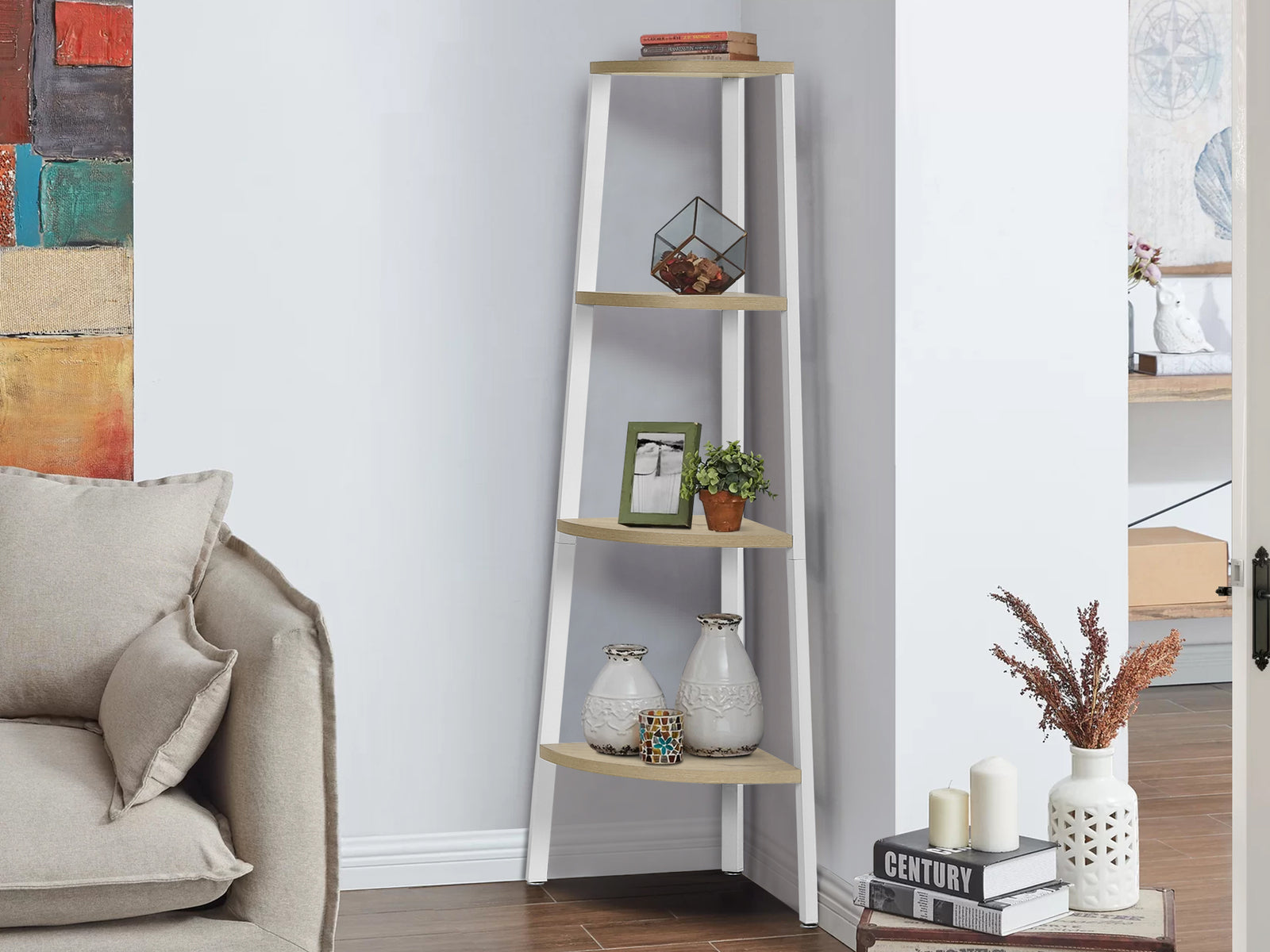 Tai 4 Tier Wooden Corner Bookshelf - Oak + White
