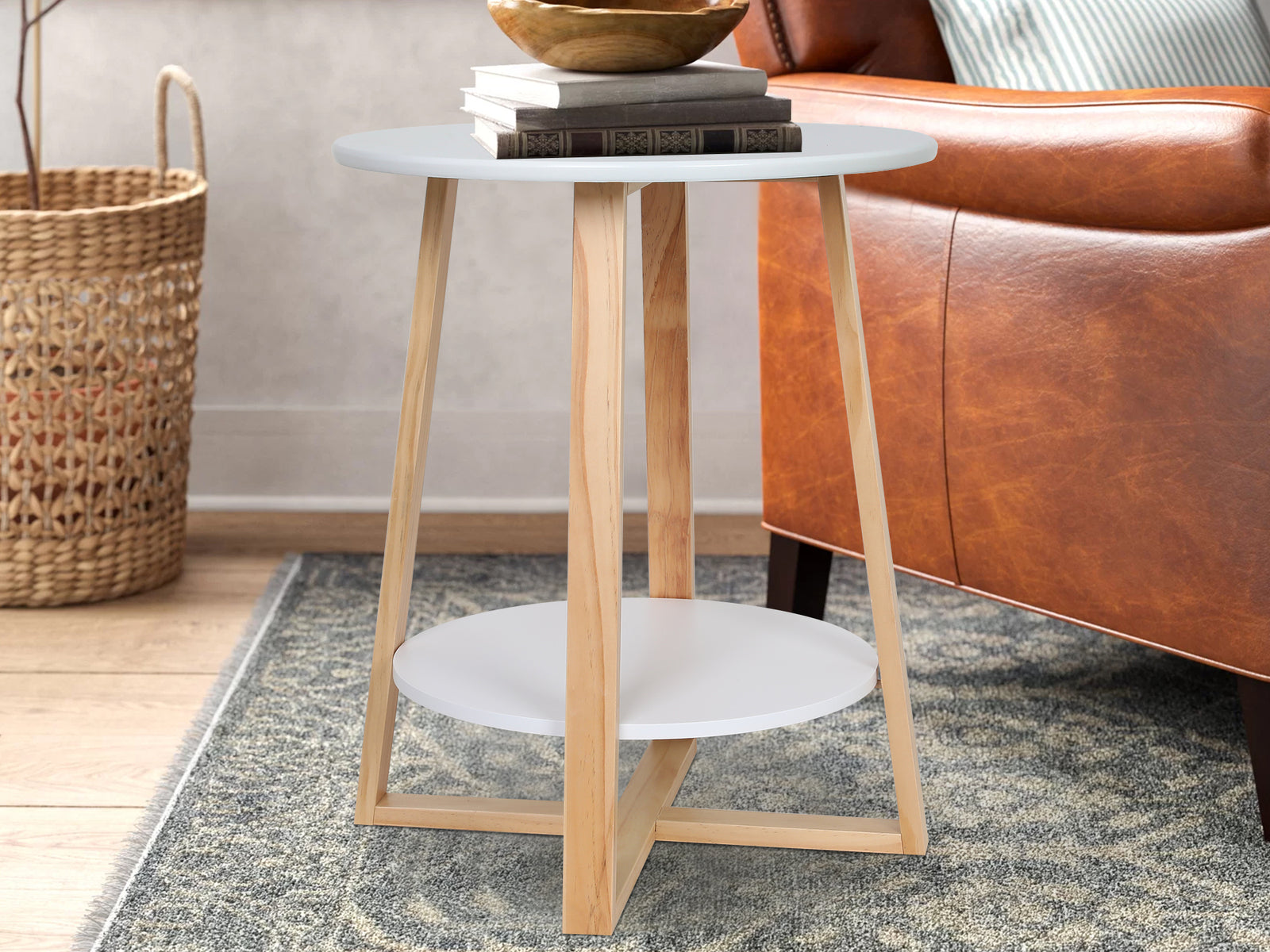 Andile Round Coffee Table Side Table - White + Oak
