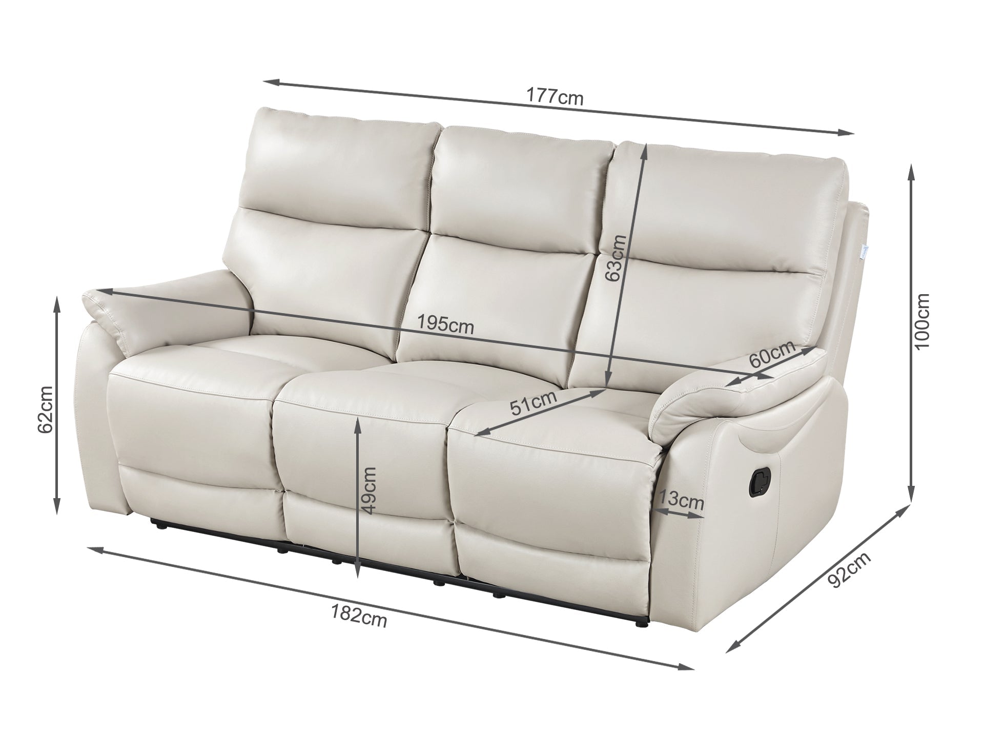 Charlton Leather 3 Seater Recliner Sofa - Beige