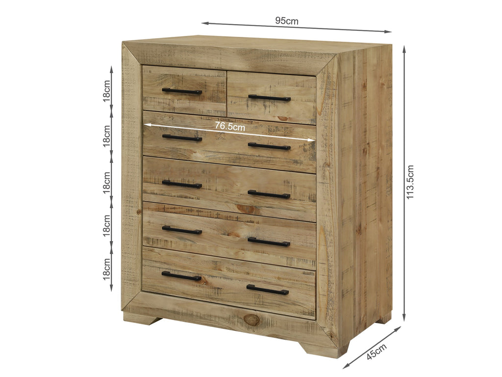 Argento Solid Wood 6 Drawer Tallboy - Delhi