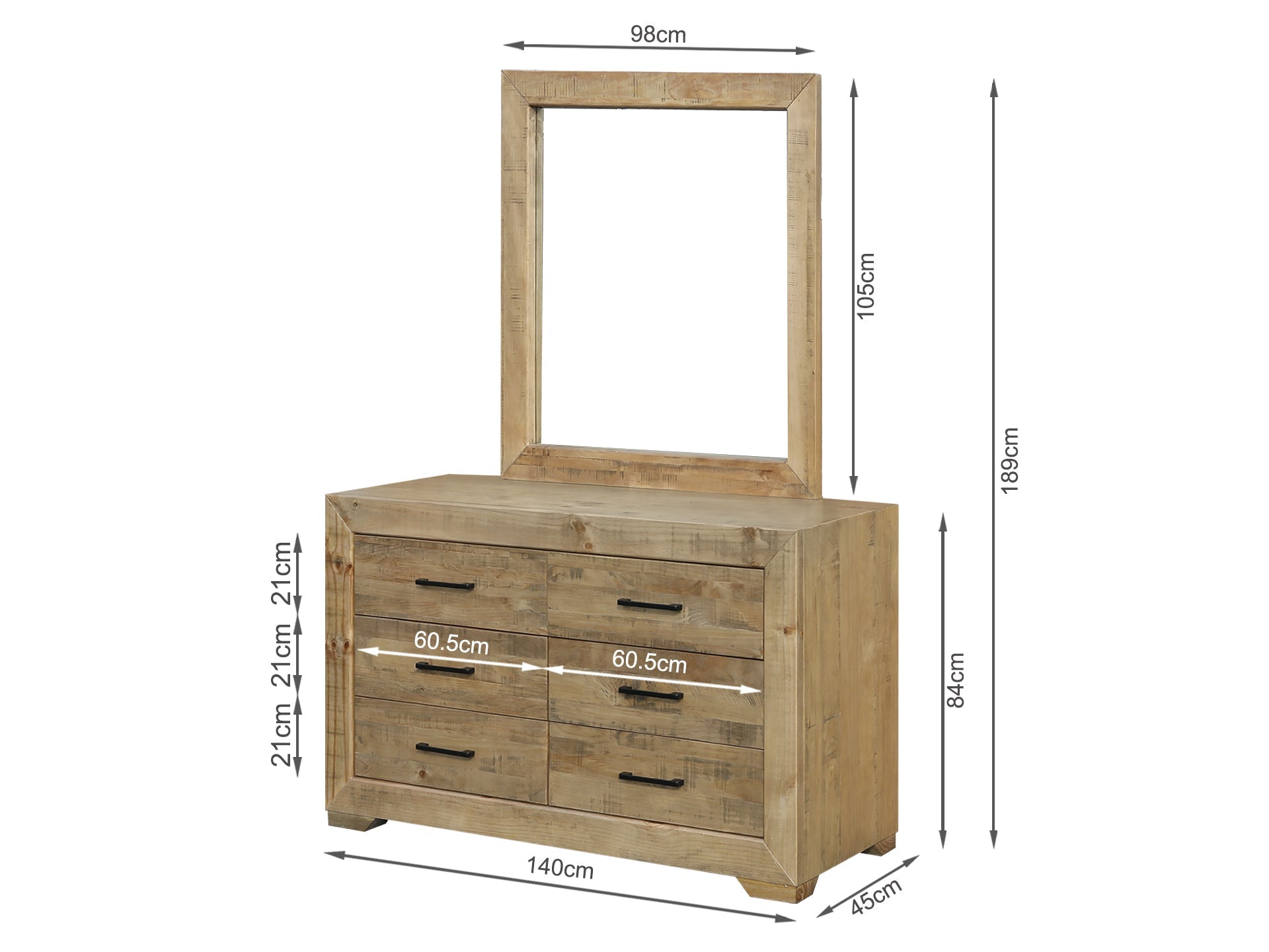 Argento Solid Wood 6 Drawer Dresser with Mirror - Delhi