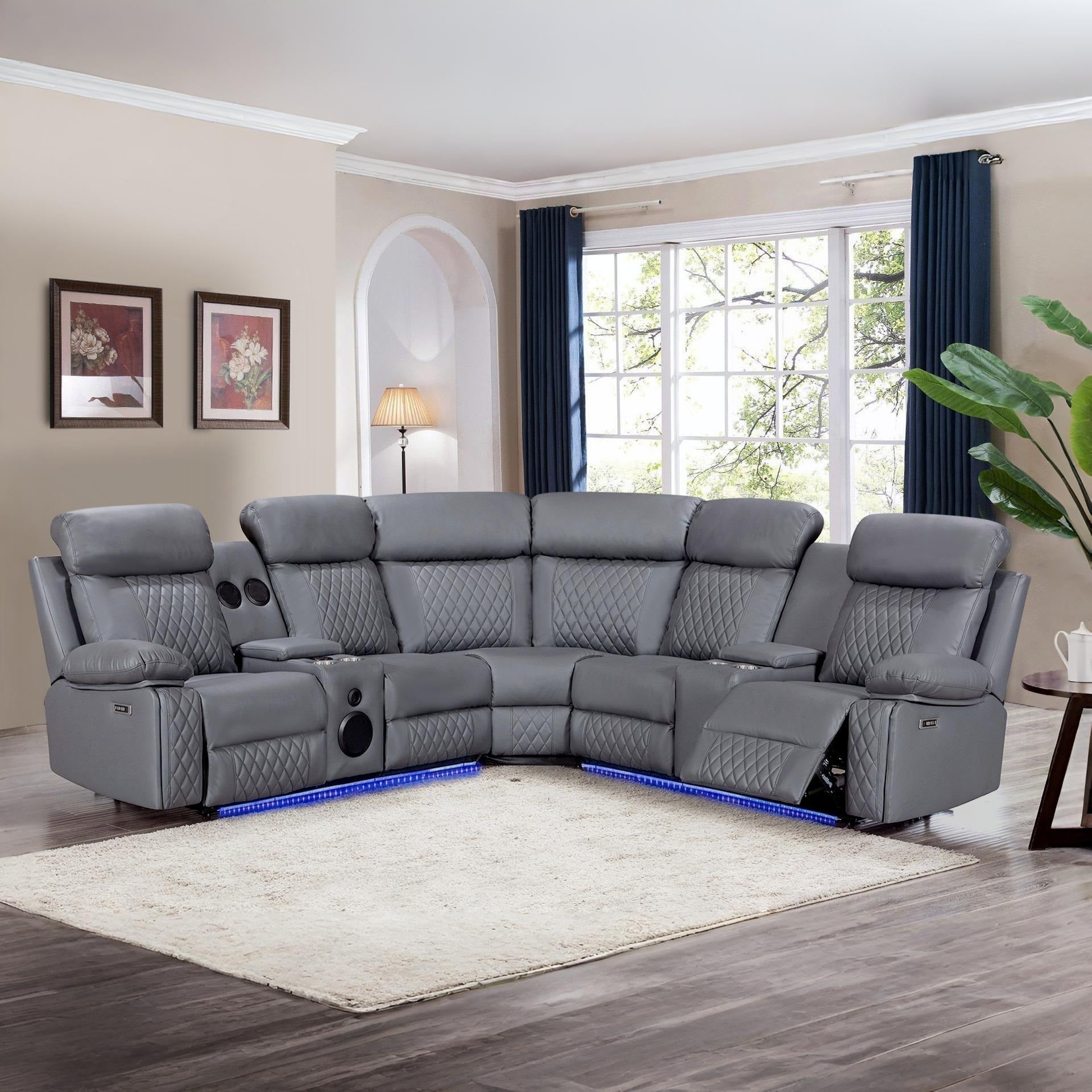 Grovetown Electric Recliner Corner Sofa with LED and Speaker - Grey