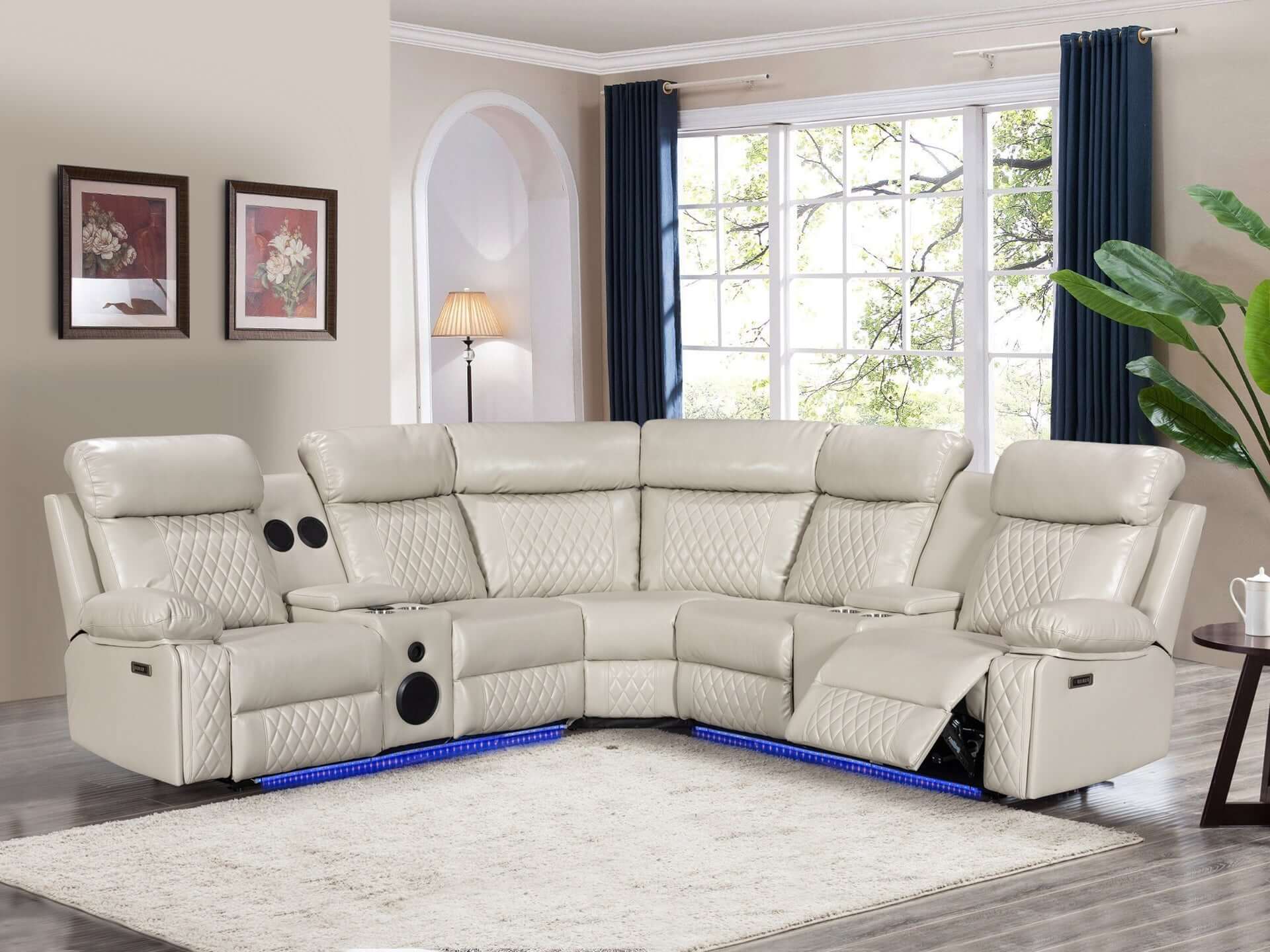Grovetown Electric Recliner Corner Sofa with LED and Speaker - Beige