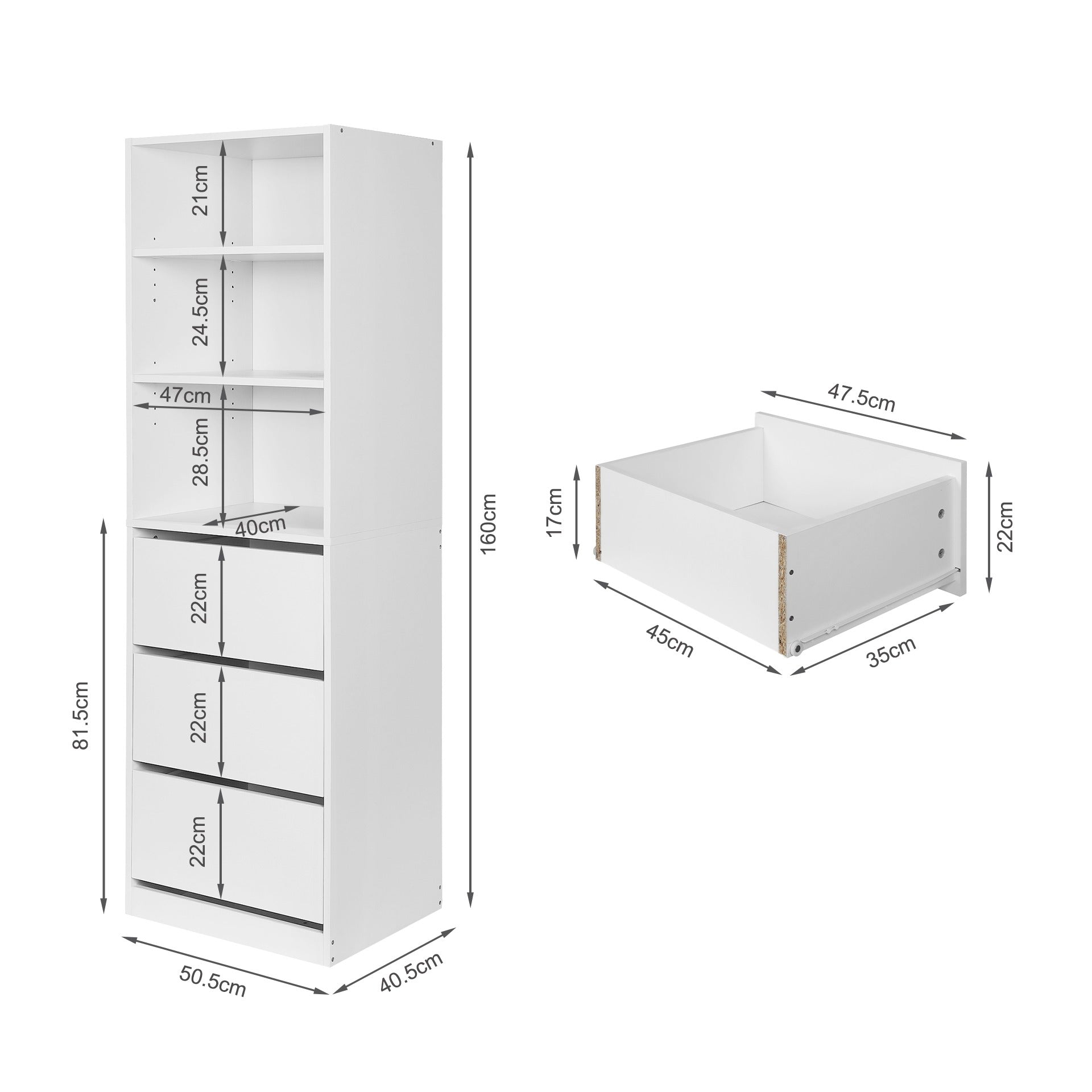 PAYETTE 3 Drawer & Shelf Wardrobe - WHITE