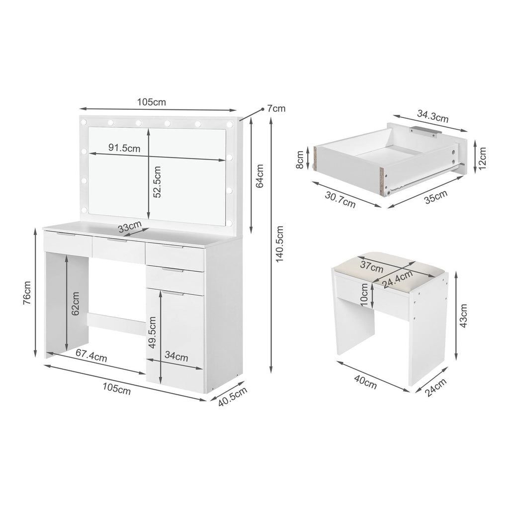 Comfrey 2 Piece Dressing Table with Mirror & Stool Set - White