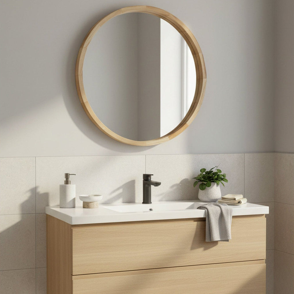 Echo Round Wooden Framed Wall Mirror 60cm - Light Wood