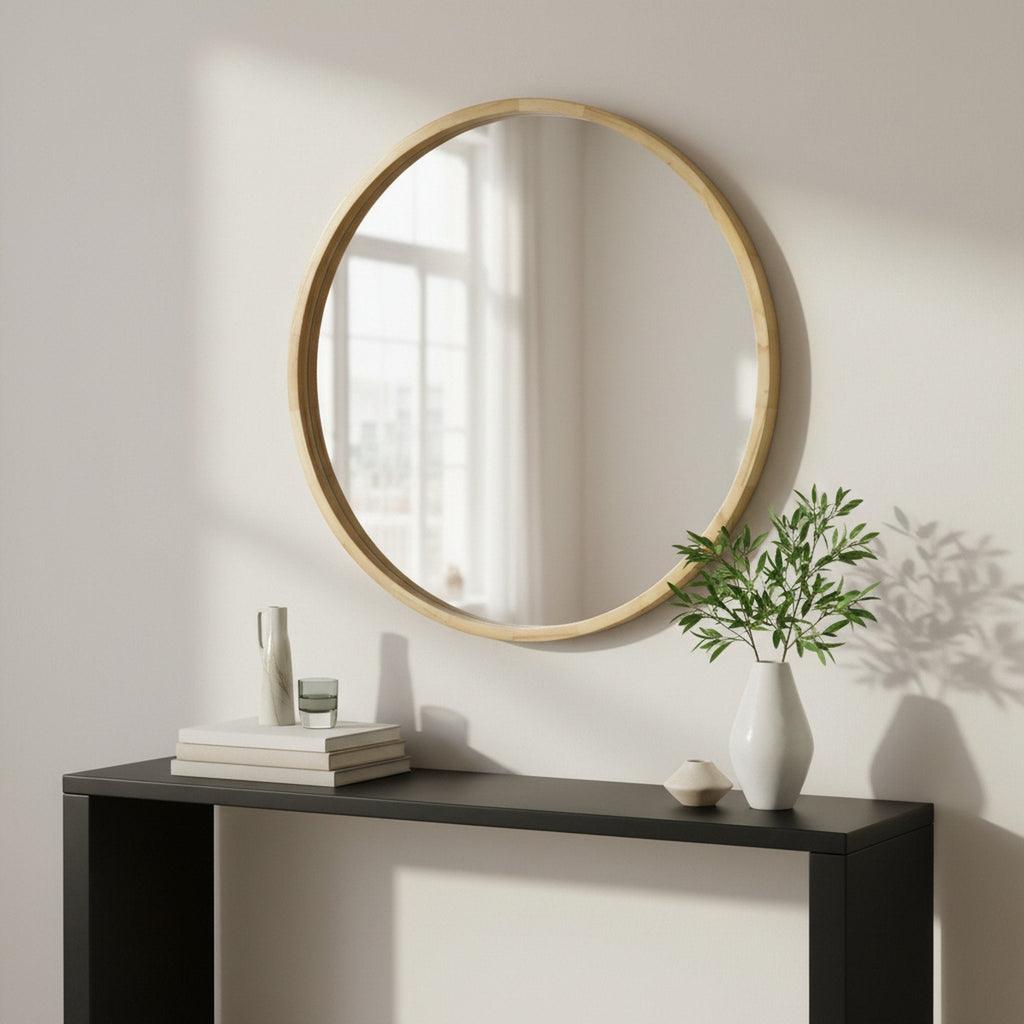 Echo Round Wooden Framed Wall Mirror 80cm - Light Wood