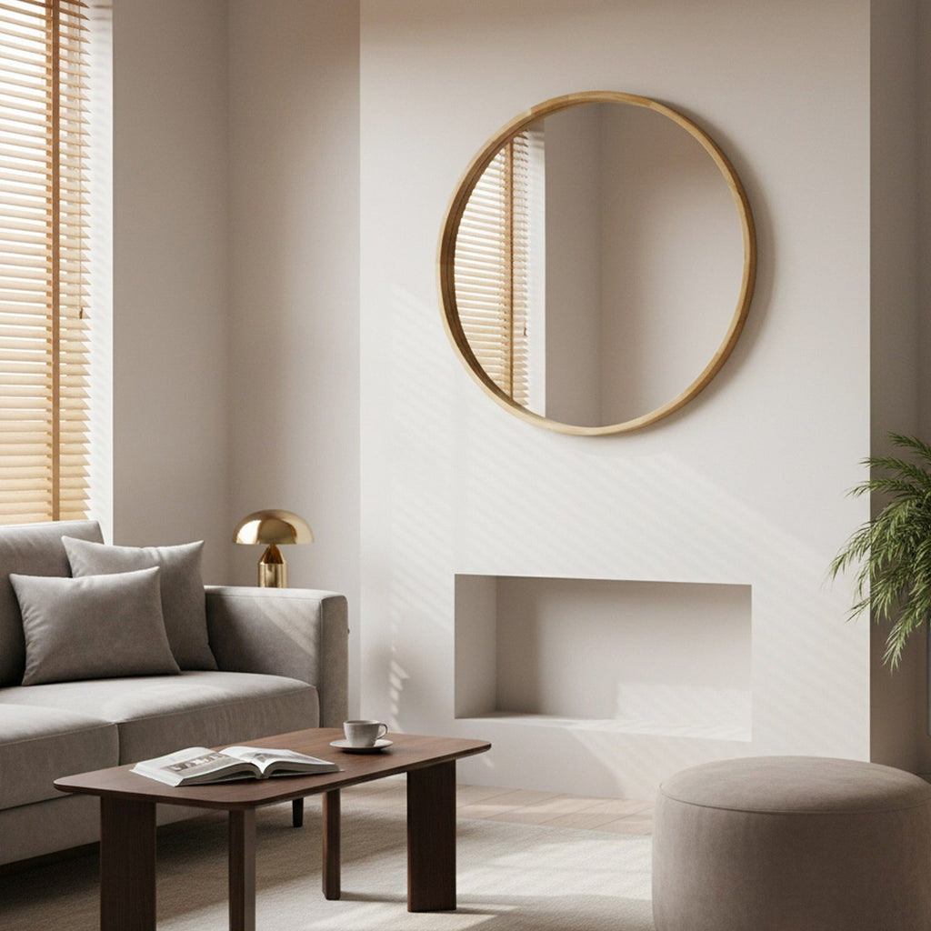 Echo Round Wooden Framed Wall Mirror 95cm - Light Wood