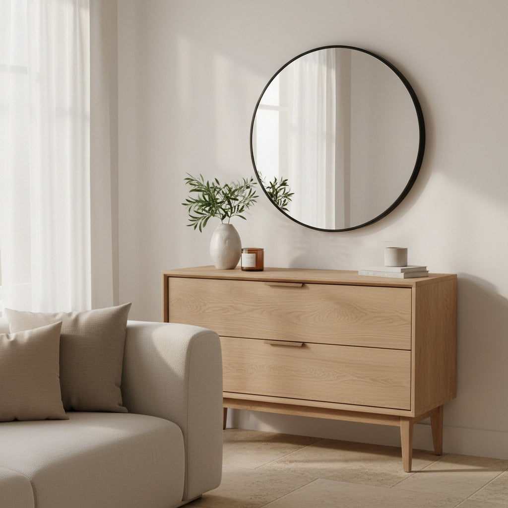 Noir Round Wooden Wall Mirror 70cm - Black