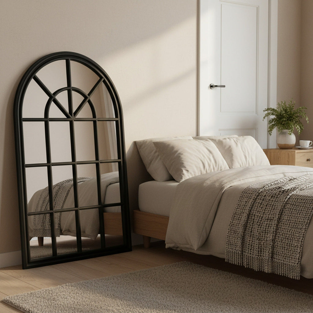 Lattice Arched Wooden Mirror 120cm - Black