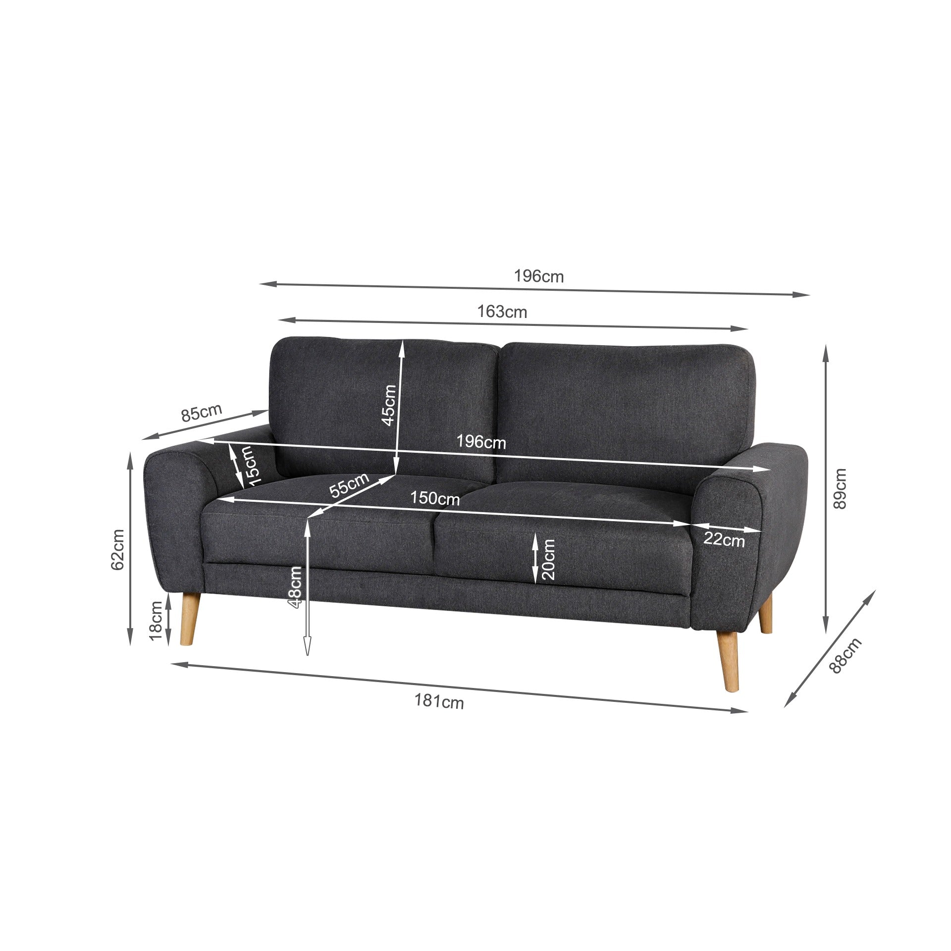 Suki Linen 3 Seater Sofa - Dark Grey