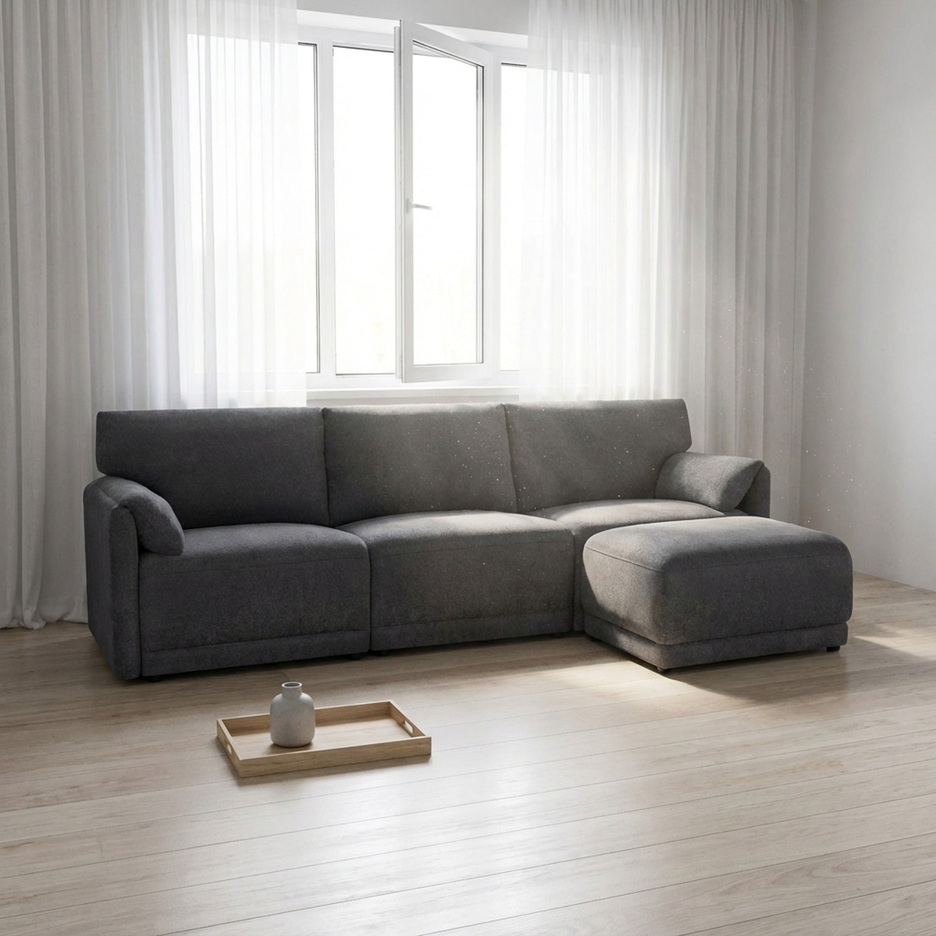 Velvo 3 Seater Modular Sofa with Ottoman - Dark Grey