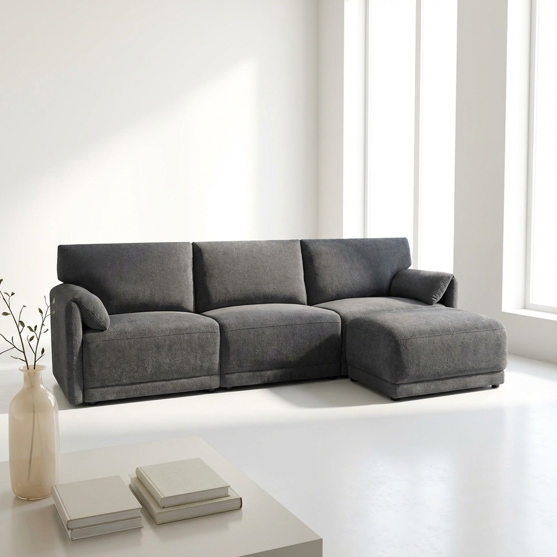 Velvo 3 Seater Modular Sofa with Ottoman - Dark Grey