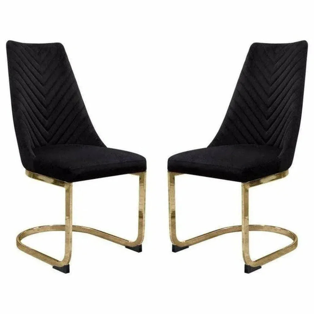 2PC Dining Chairs Black Velvet & Gold