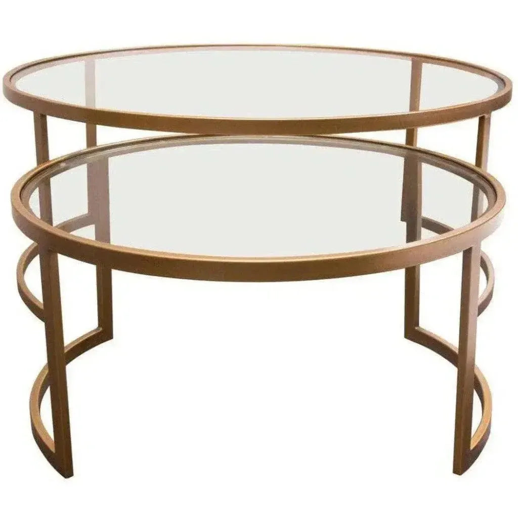 2PC Round Nesting Table Set Gold Frame Clear Glass Tops