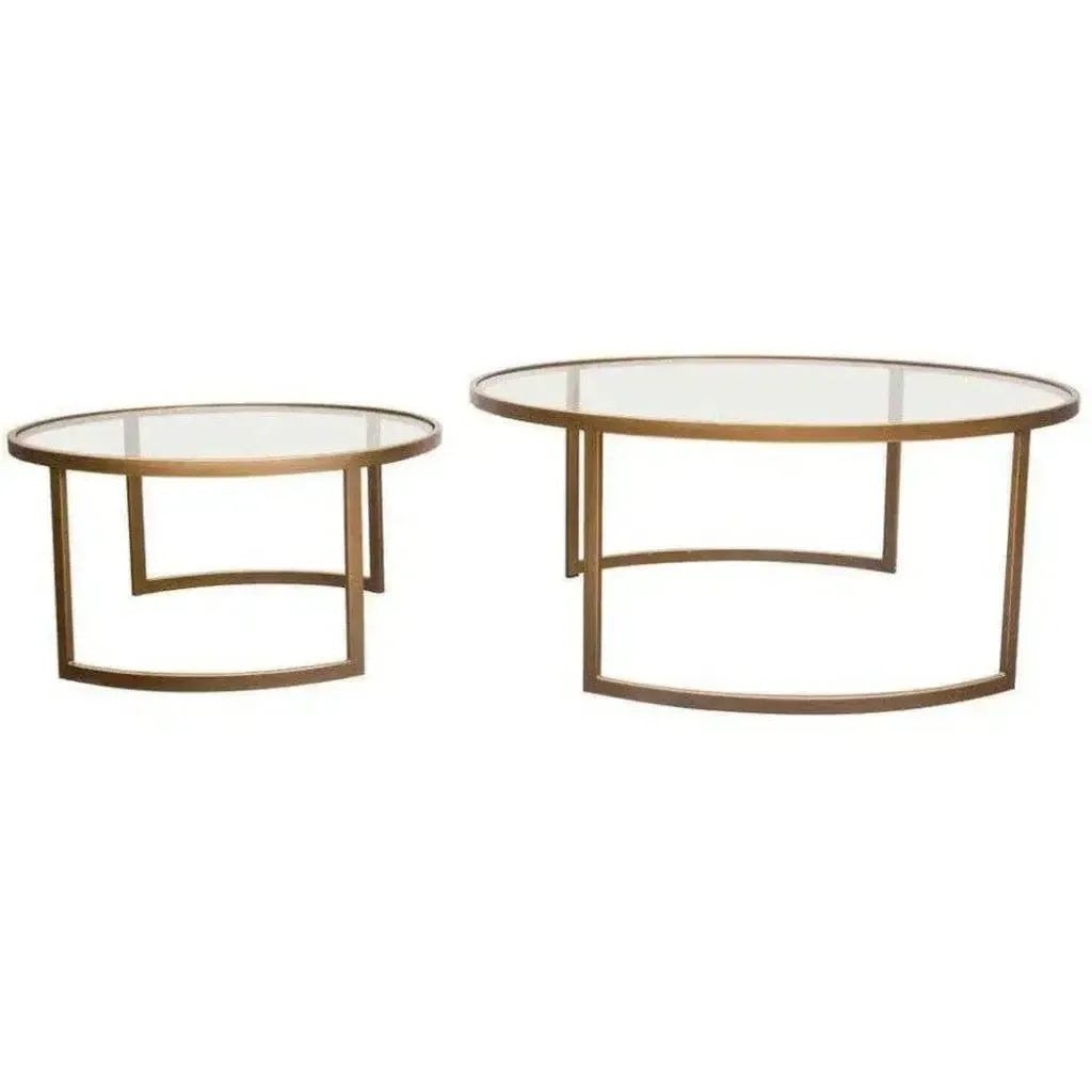2PC Round Nesting Table Set Gold Frame Clear Glass Tops