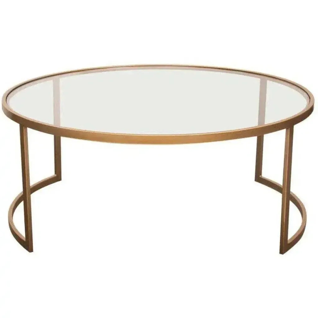 2PC Round Nesting Table Set Gold Frame Clear Glass Tops