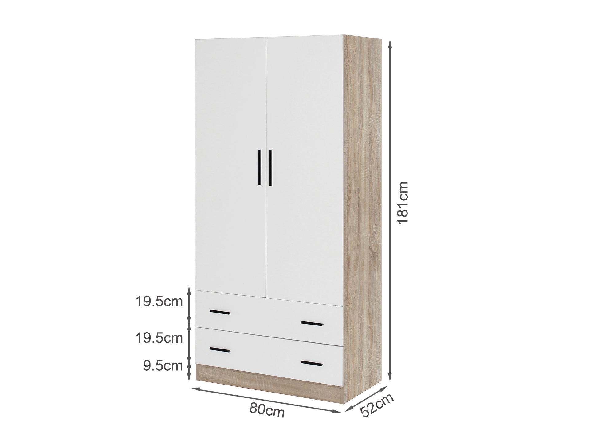 Bram 2 Door Wardrobe with 2 Drawers - Oak + White