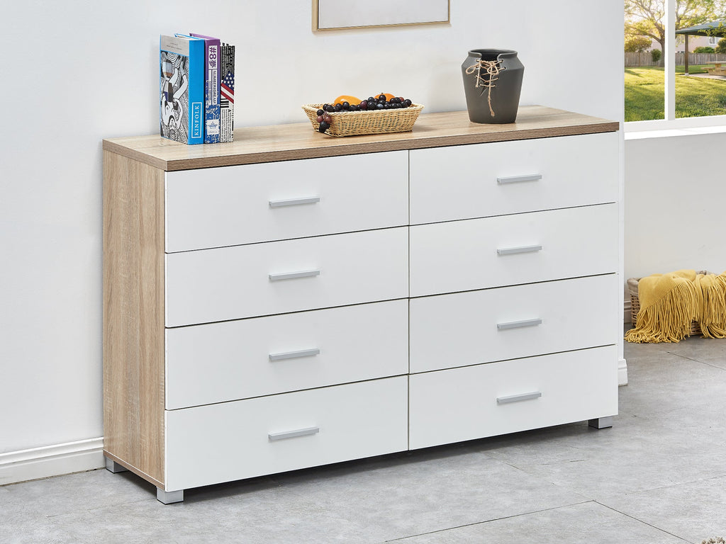 Bram Low Boy 8 Drawer Chest Dresser - Oak + White