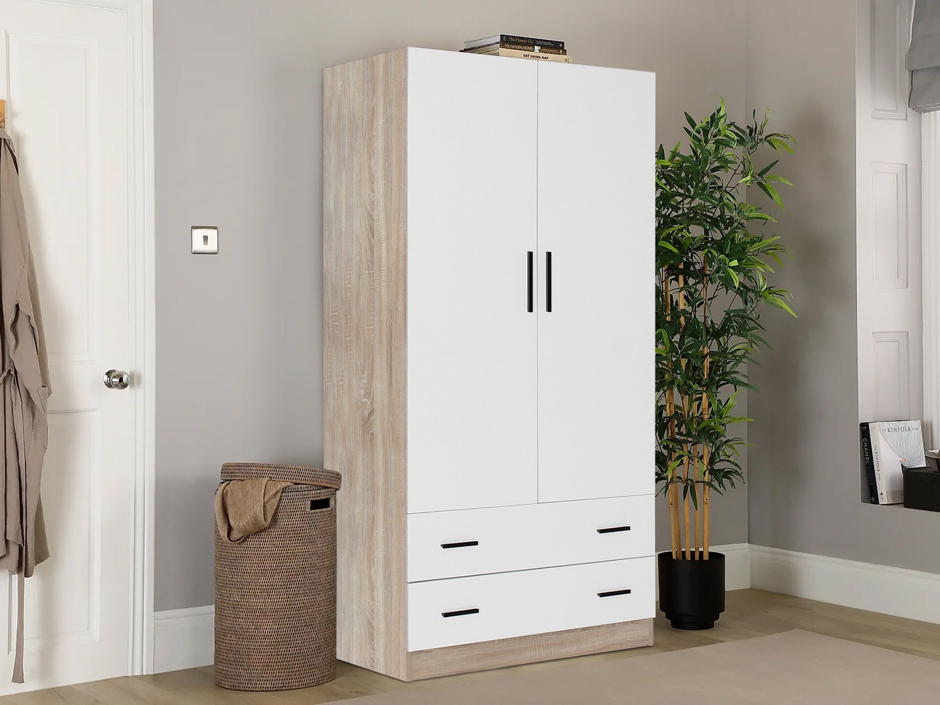 Bram 2 Door Wardrobe with 2 Drawers - Oak + White