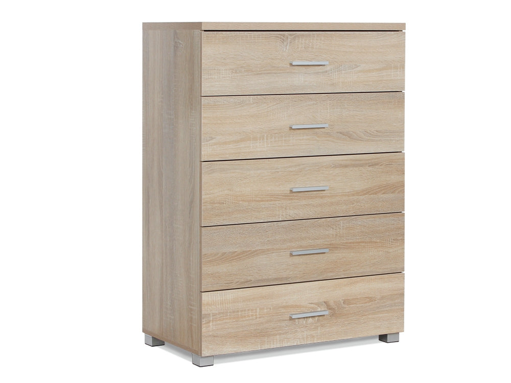 BRAM Tallboy 5 Drawer Chest Dresser - Oak