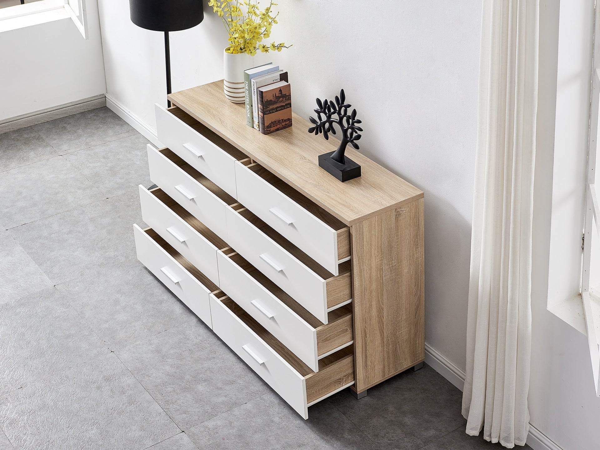 Bram Low Boy 8 Drawer Chest Dresser - Oak + White
