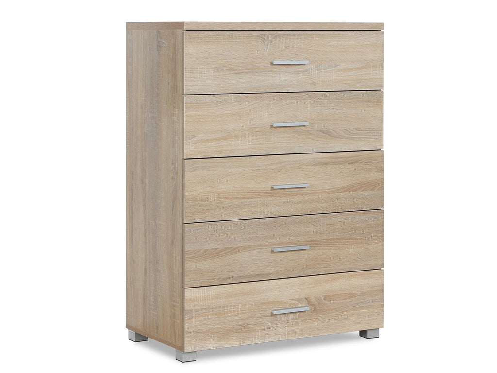 BRAM Tallboy 5 Drawer Chest Dresser - Oak