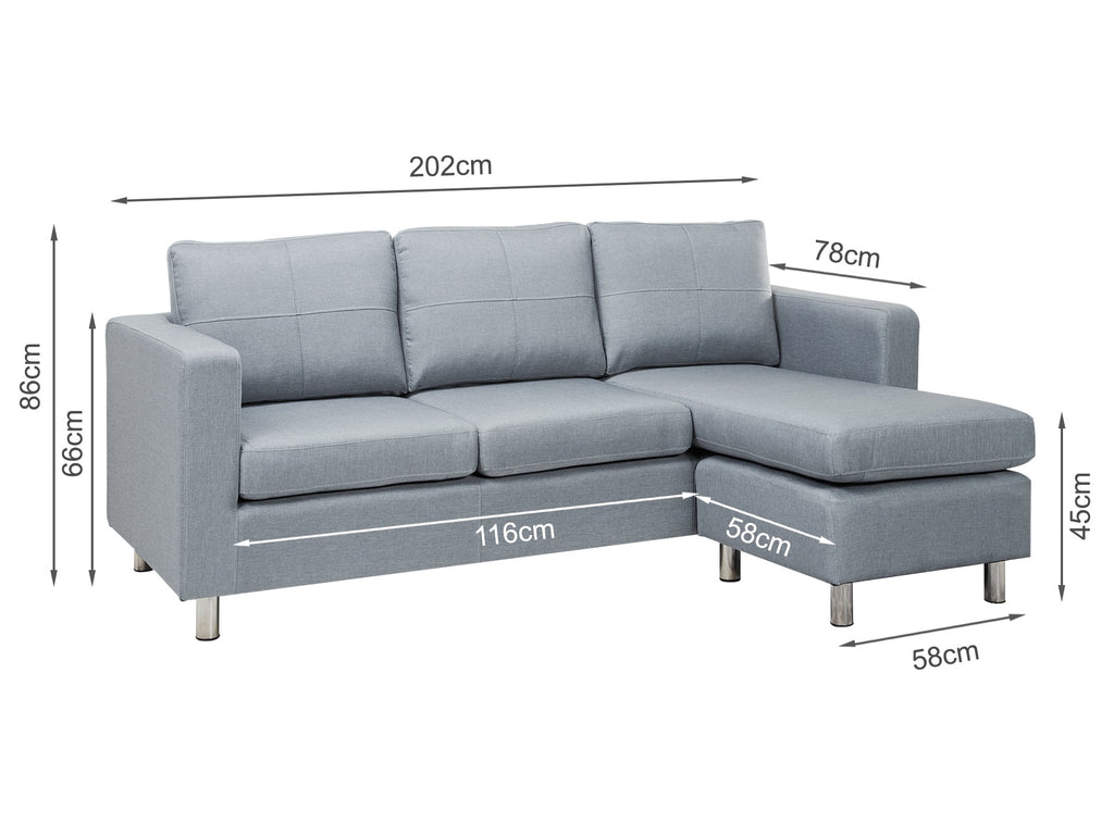 Seattle 3-Seater Fabric Sofa Couch with Chaise - Grey